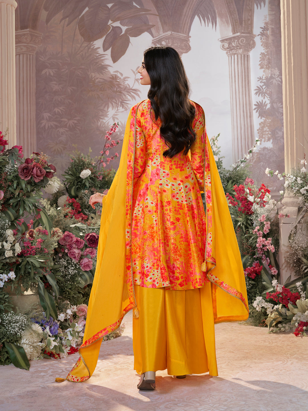 Mustard Pure Russian Silk Mirror Work Sharara Set paired with Chinon Dupatta with Digital Printed Borders - qivii