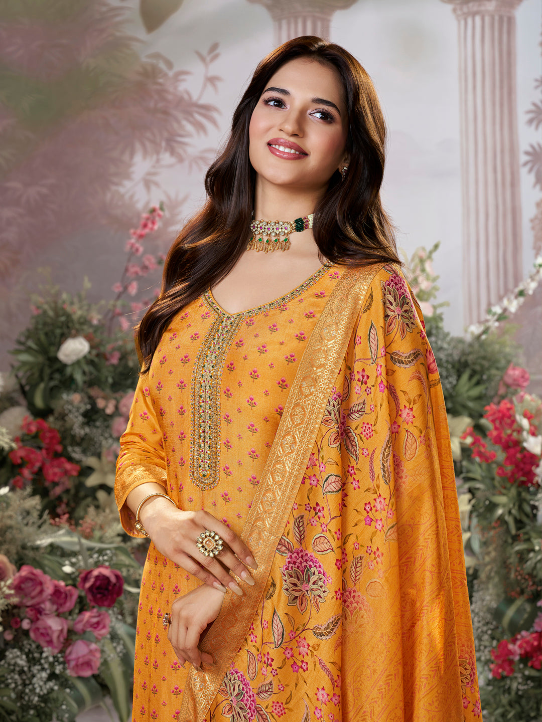 Yellow Russian Silk Kurta Set with Digital Print Work Paired with Russian Silk Digital Printed Duppatta - qivii