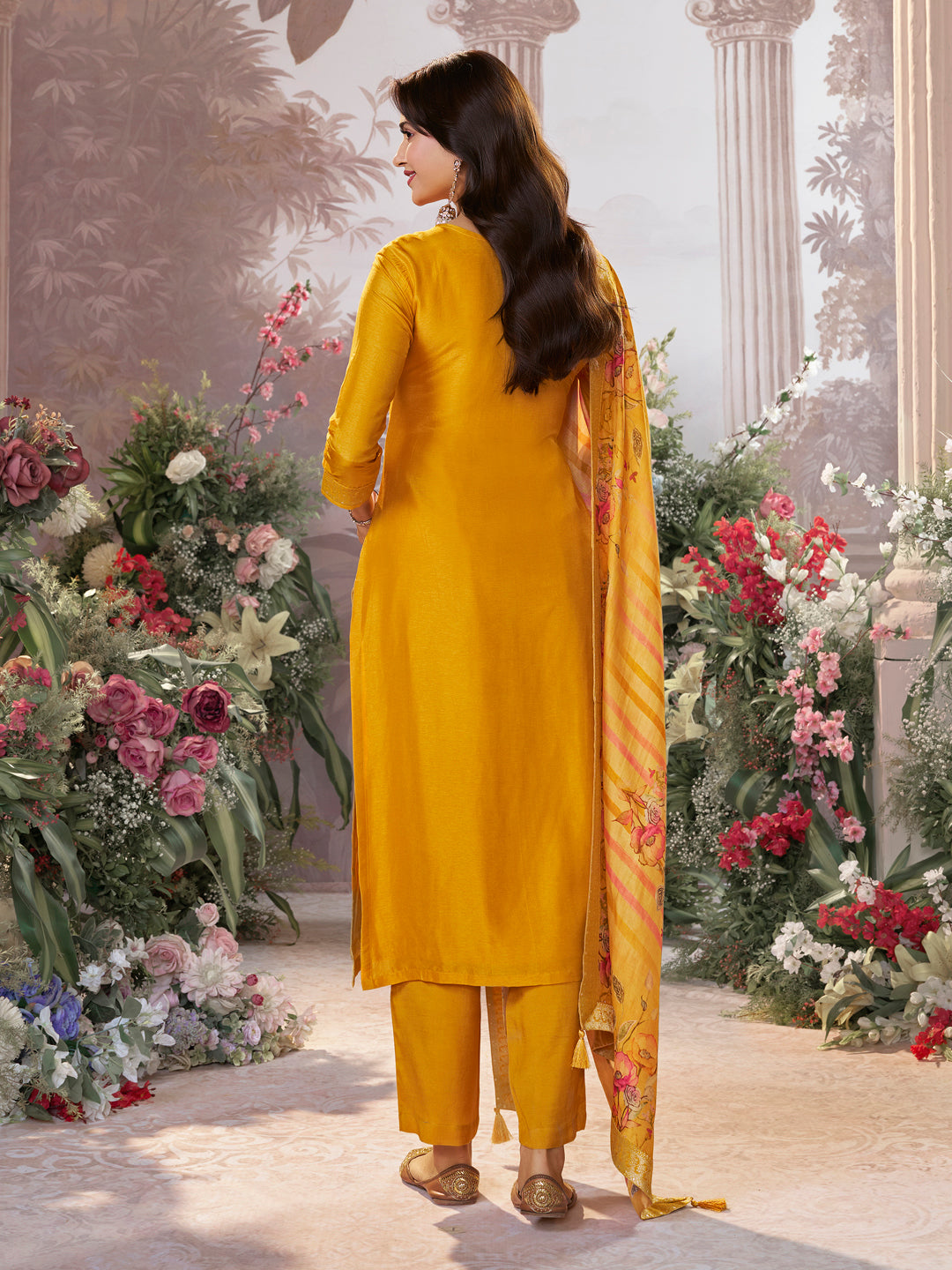 Yellow Dola Silk Kurta Set with Jacquard Detailing and Intricate Embroidery, Paired with a Cherry Silk Dupatta - qivii