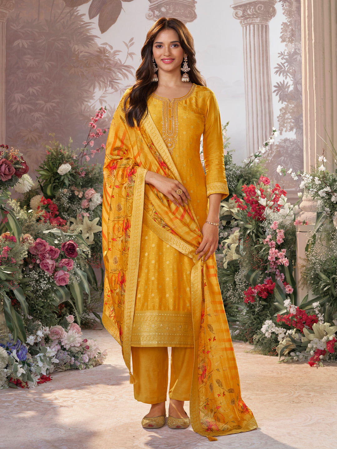 Yellow Dola Silk Kurta Set with Jacquard Detailing and Intricate Embroidery, Paired with a Cherry Silk Dupatta - qivii
