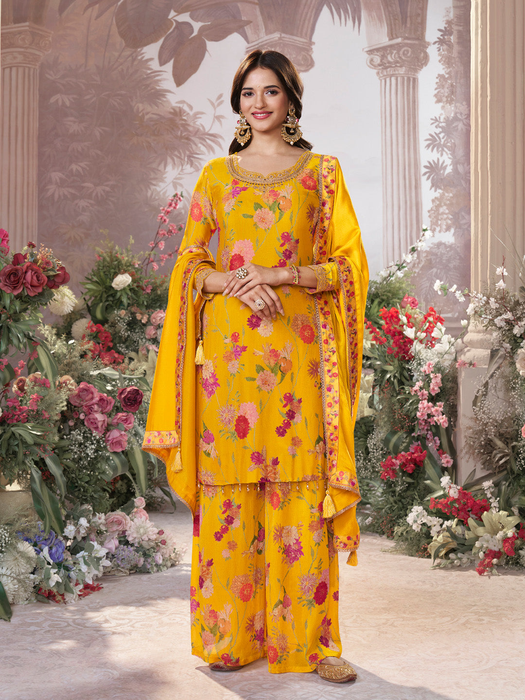 Yellow Chinon Sharara Suit Set with Floral Print and Embroidery Work - qivii