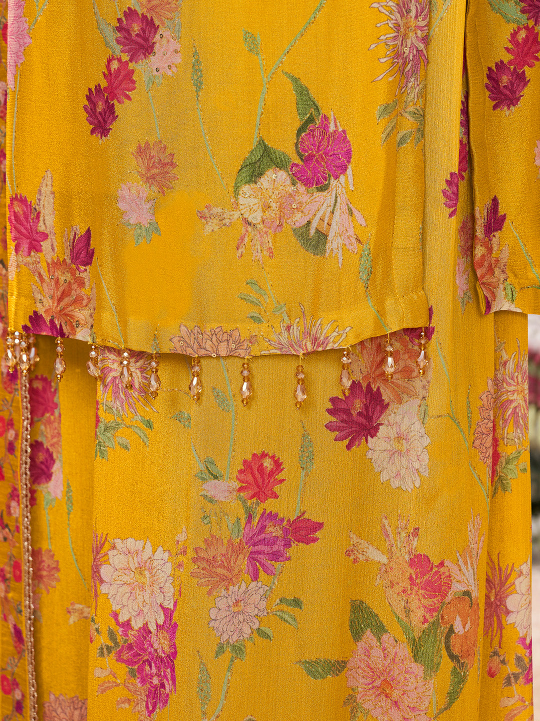 Yellow Chinon Sharara Suit Set with Floral Print and Embroidery Work - qivii