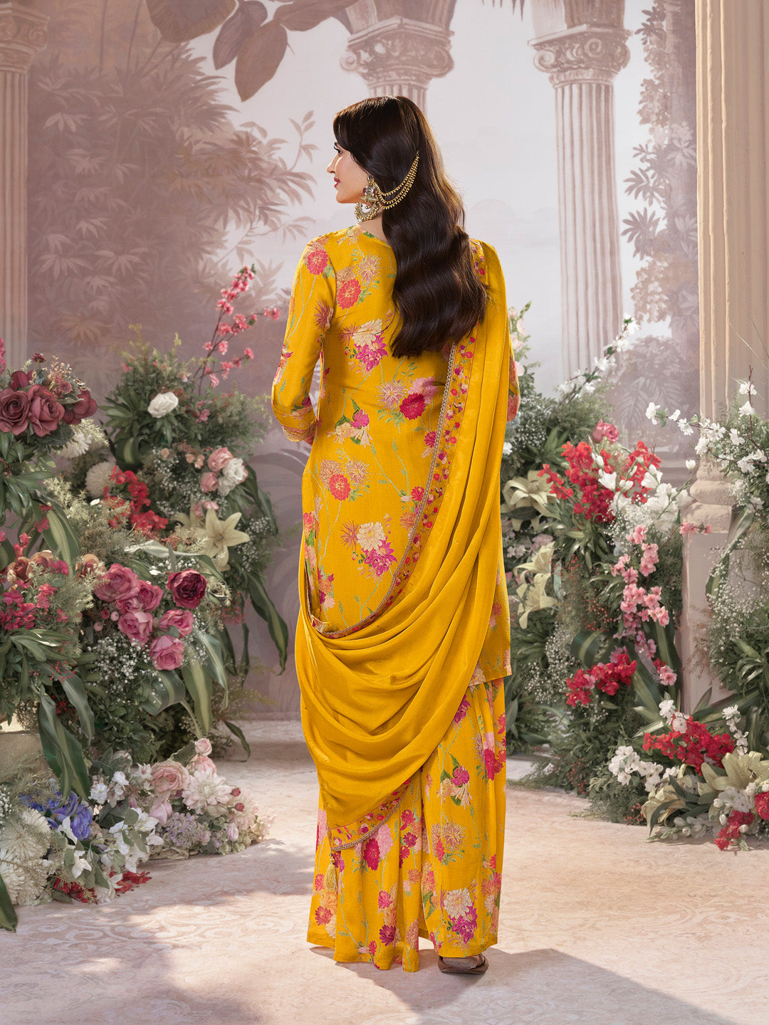 Yellow Chinon Sharara Suit Set with Floral Print and Embroidery Work