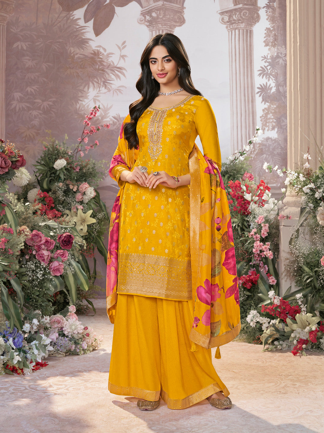 Mustard Dola Silk Jacquard & Embroidery Sharara Set with Digital Print Dola Silk Dupatta - qivii