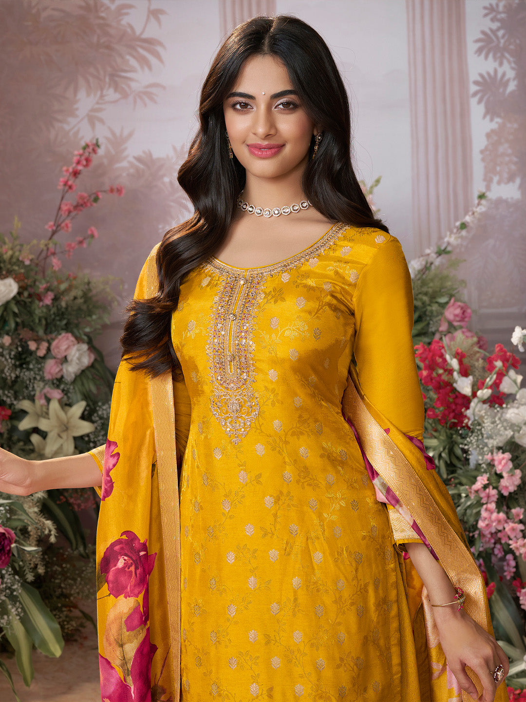 Mustard Dola Silk Jacquard & Embroidery Sharara Set with Digital Print Dola Silk Dupatta - qivii