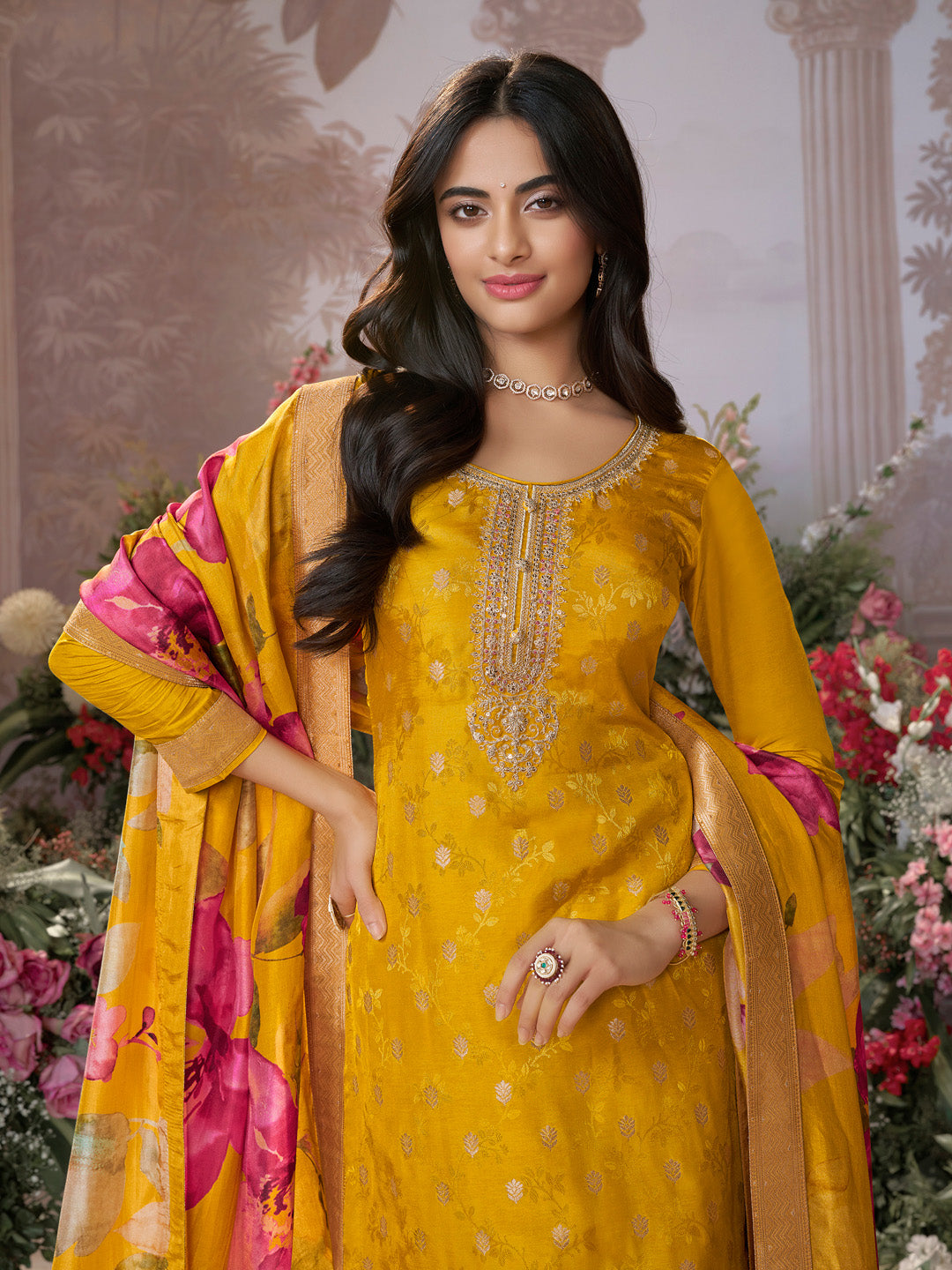 Mustard Dola Silk Jacquard & Embroidery Sharara Set with Digital Print Dola Silk Dupatta - qivii