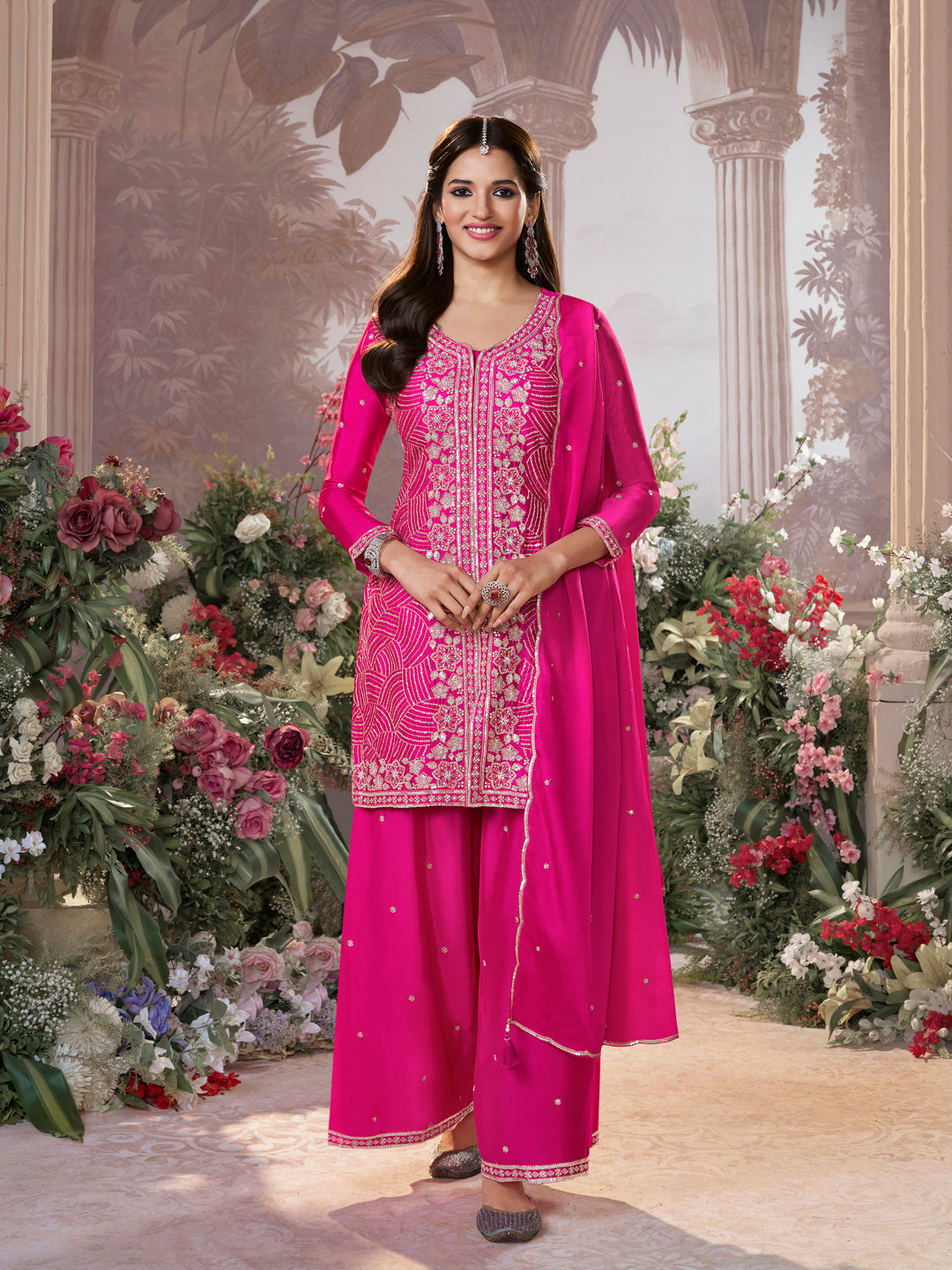 Pink Chinon Embroidered Sharara Suit with Butti Work and Sequins Scalloped Border Dupatta - qivii