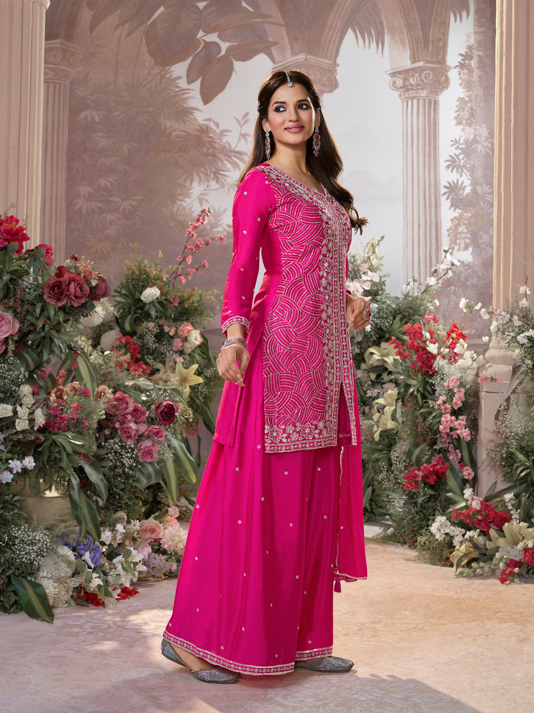 Pink Chinon Embroidered Sharara Suit with Butti Work and Sequins Scalloped Border Dupatta - qivii