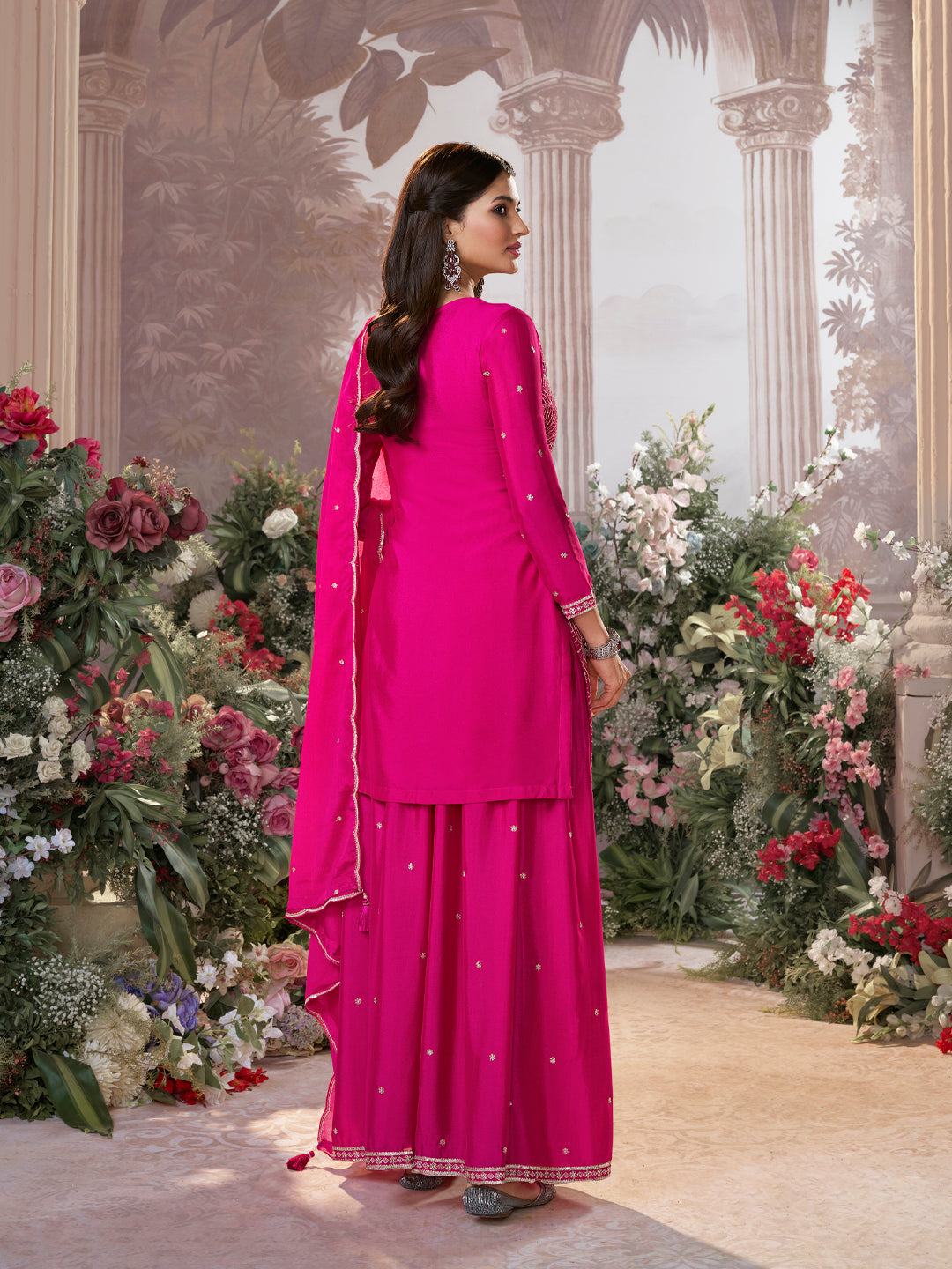 Pink Chinon Embroidered Sharara Suit with Butti Work and Sequins Scalloped Border Dupatta - qivii