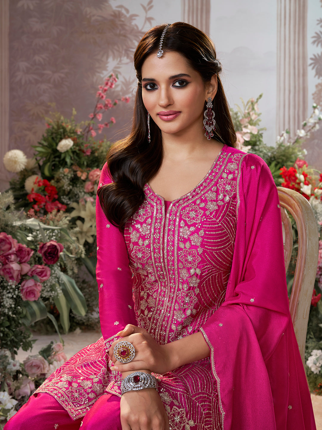 Pink Chinon Embroidered Sharara Suit with Butti Work and Sequins Scalloped Border Dupatta - qivii