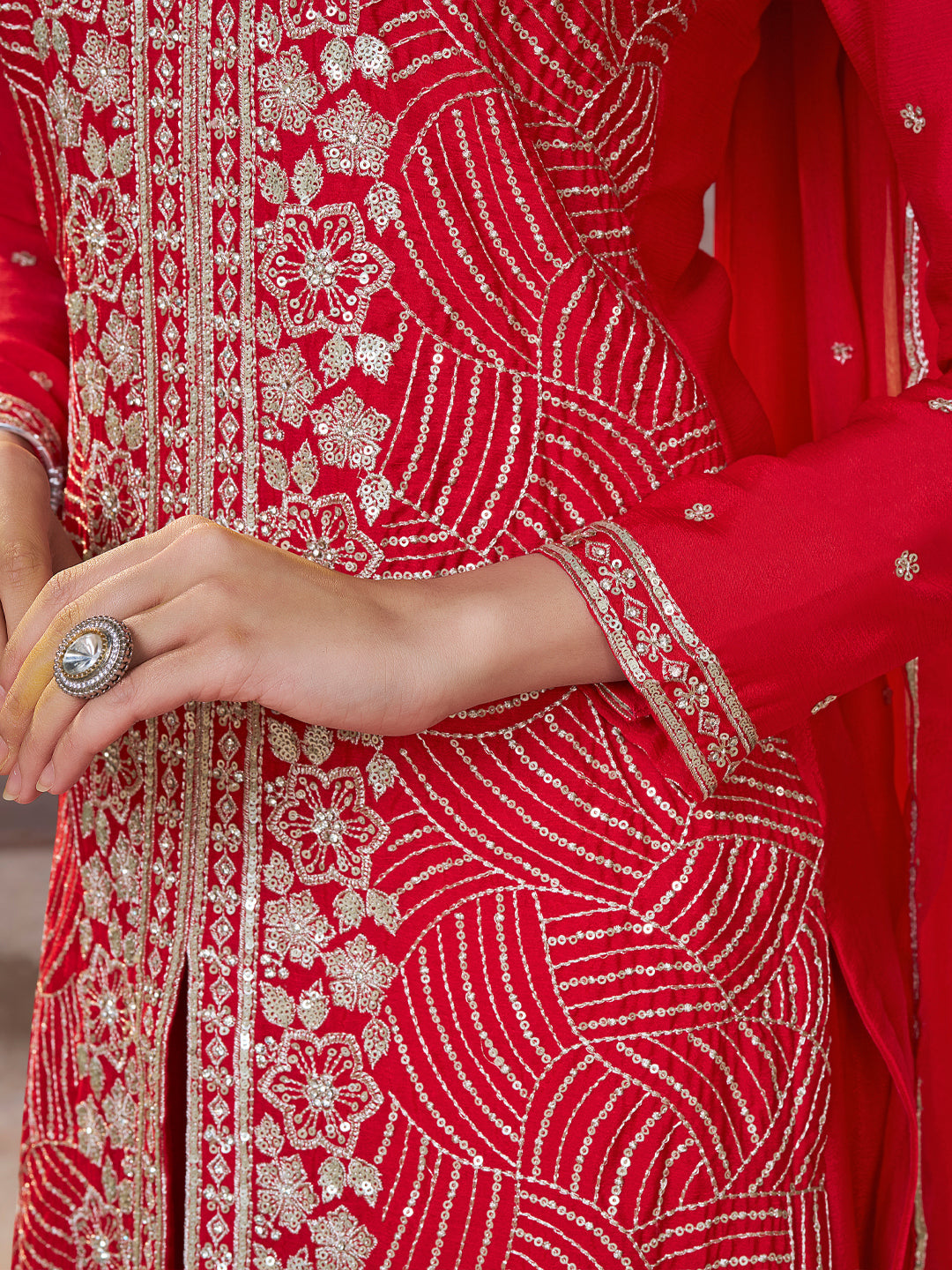 Red Chinon Embroidered Sharara Suit with Butti Work and Sequins Scalloped Border Dupatta - qivii