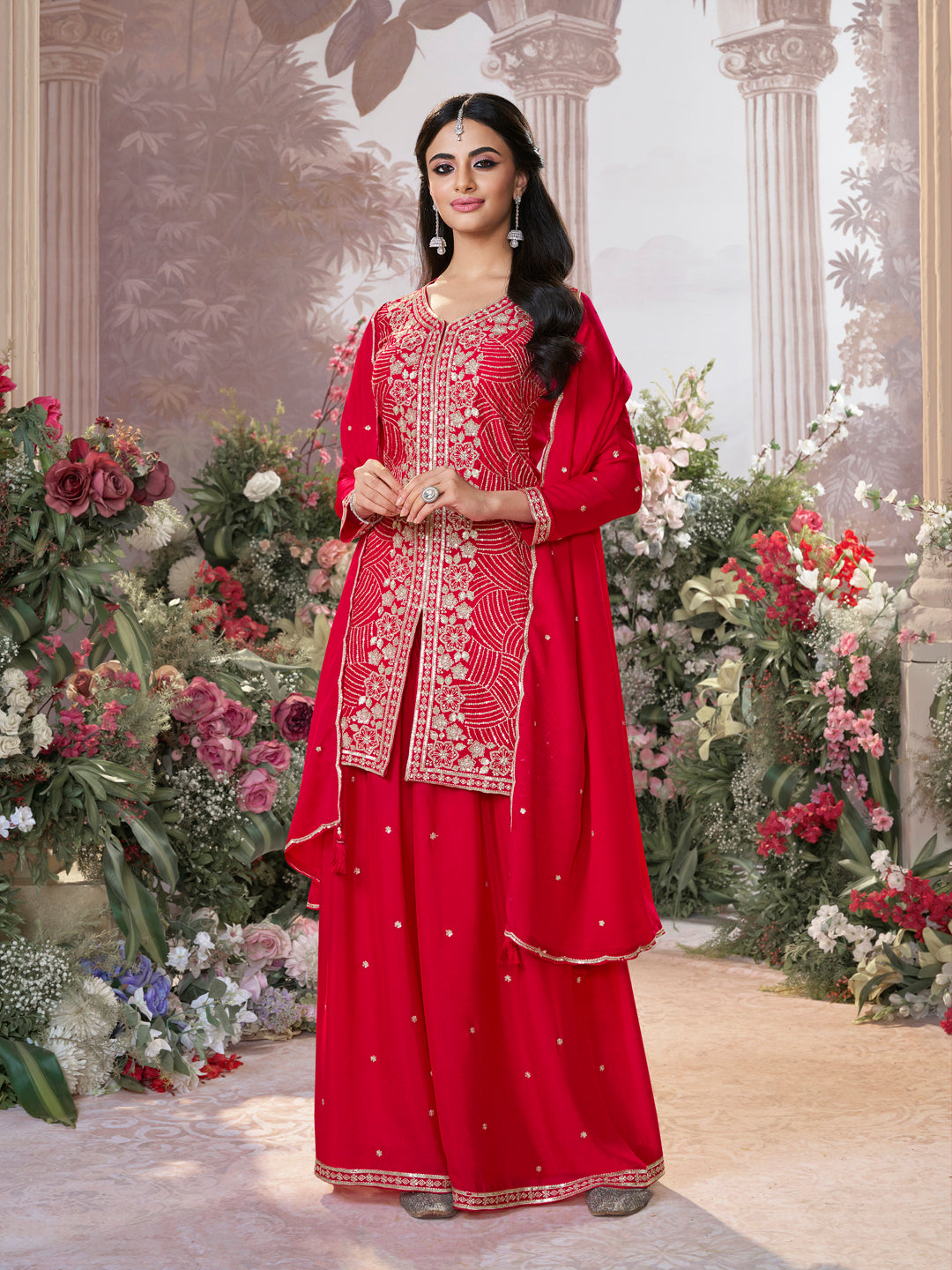 Red Chinon Embroidered Sharara Suit with Butti Work and Sequins Scalloped Border Dupatta - qivii