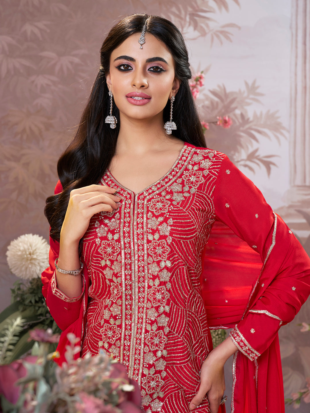 Red Chinon Embroidered Sharara Suit with Butti Work and Sequins Scalloped Border Dupatta - qivii