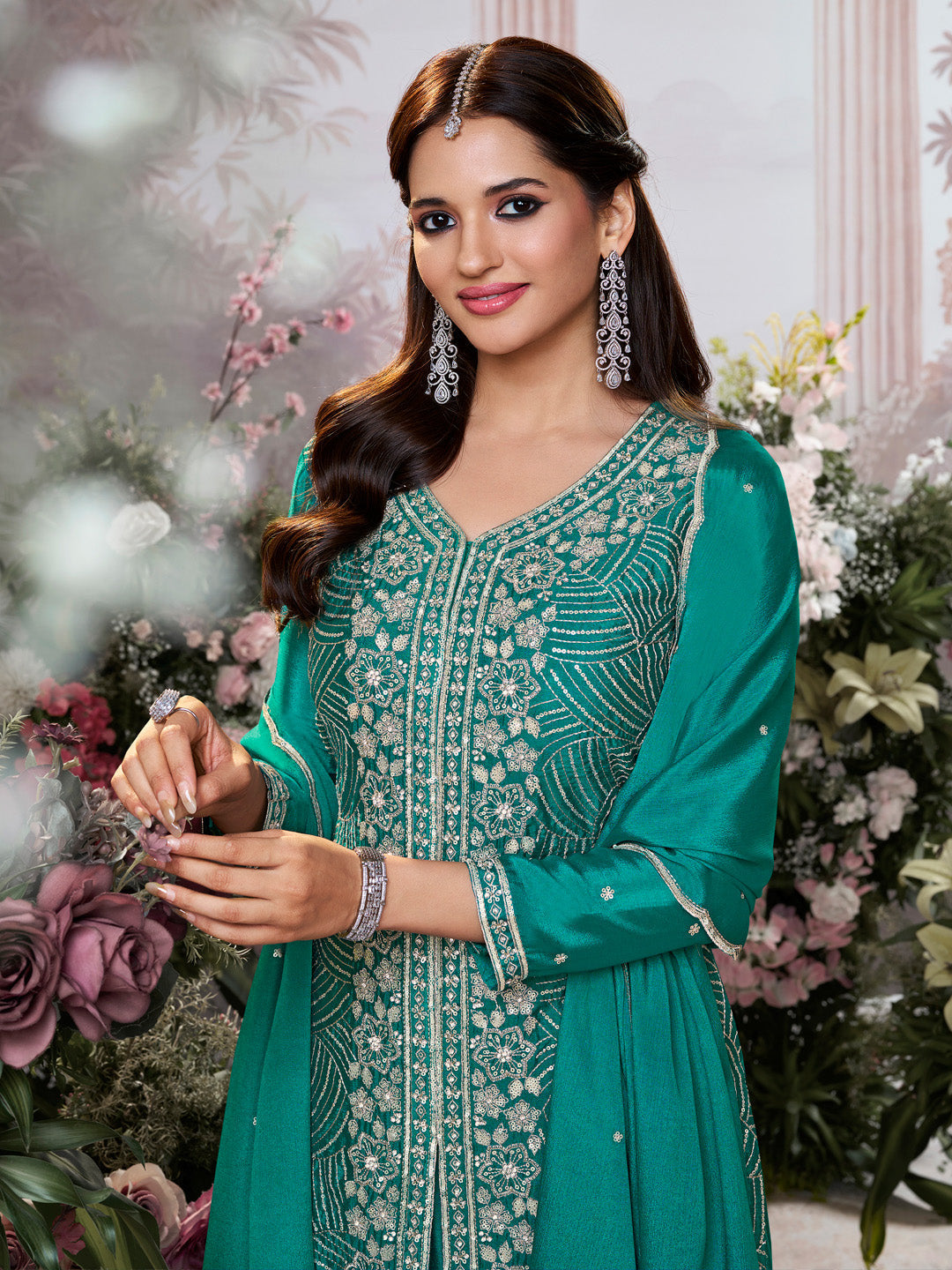 Green Chinon Embroidered Sharara Suit with Butti Work and Sequins Scalloped Border Dupatta - qivii