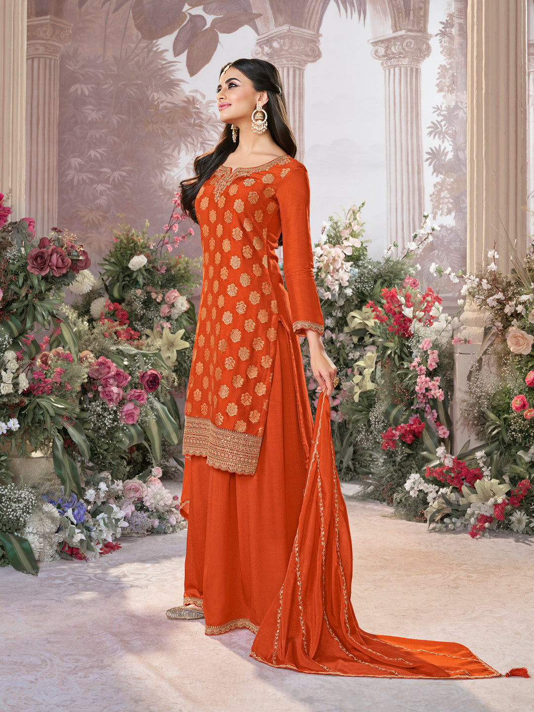 Orange Dola Silk Meena Jacquard Kurta Set Paired With Embroidered Sharara Suit Set - qivii