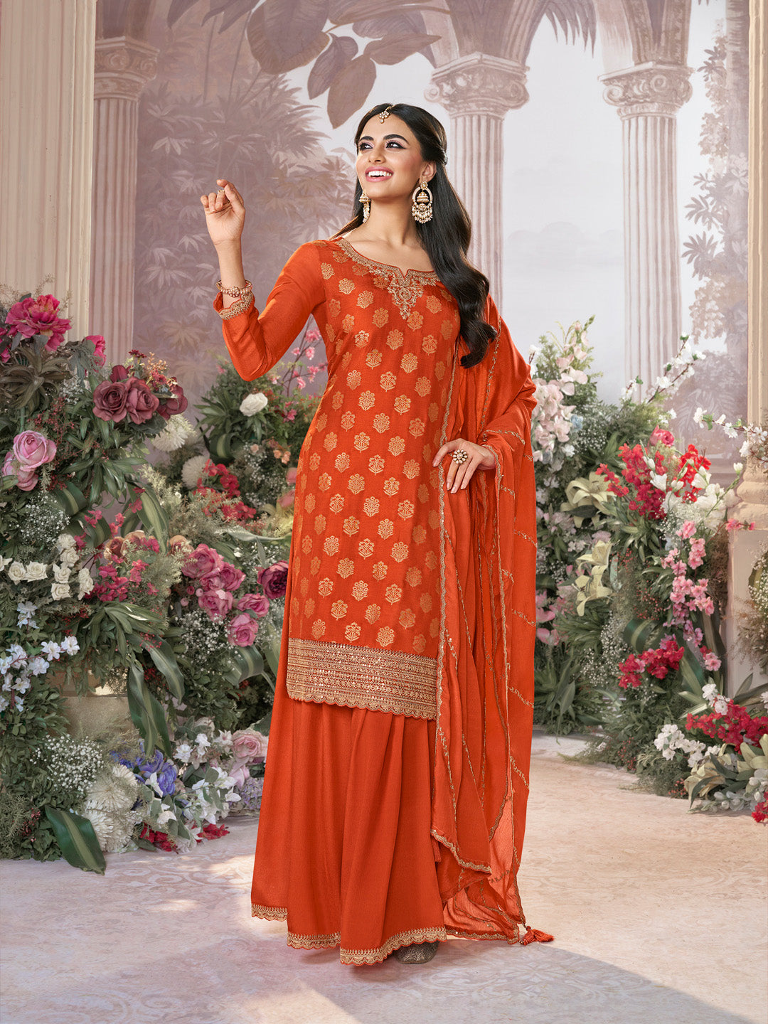 Orange Dola Silk Meena Jacquard Kurta Set Paired With Embroidered Sharara Suit Set - qivii