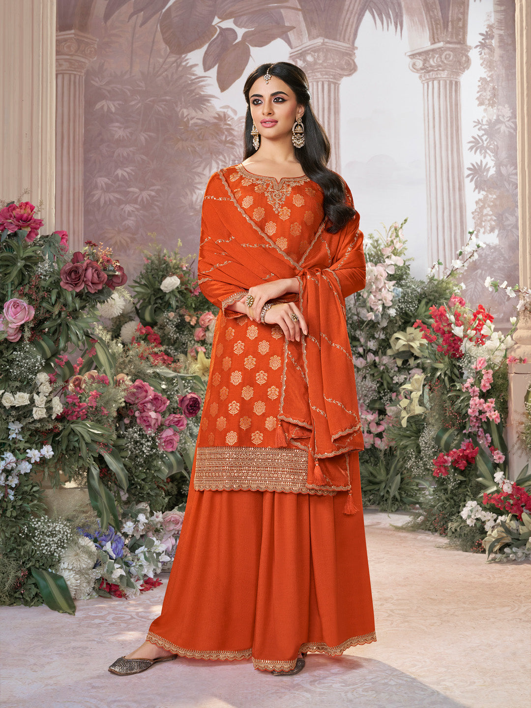 Orange Dola Silk Meena Jacquard Kurta Set Paired With Embroidered Sharara Suit Set - qivii