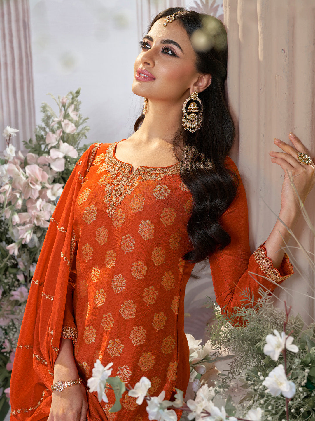 Orange Dola Silk Meena Jacquard Kurta Set Paired With Embroidered Sharara Suit Set - qivii