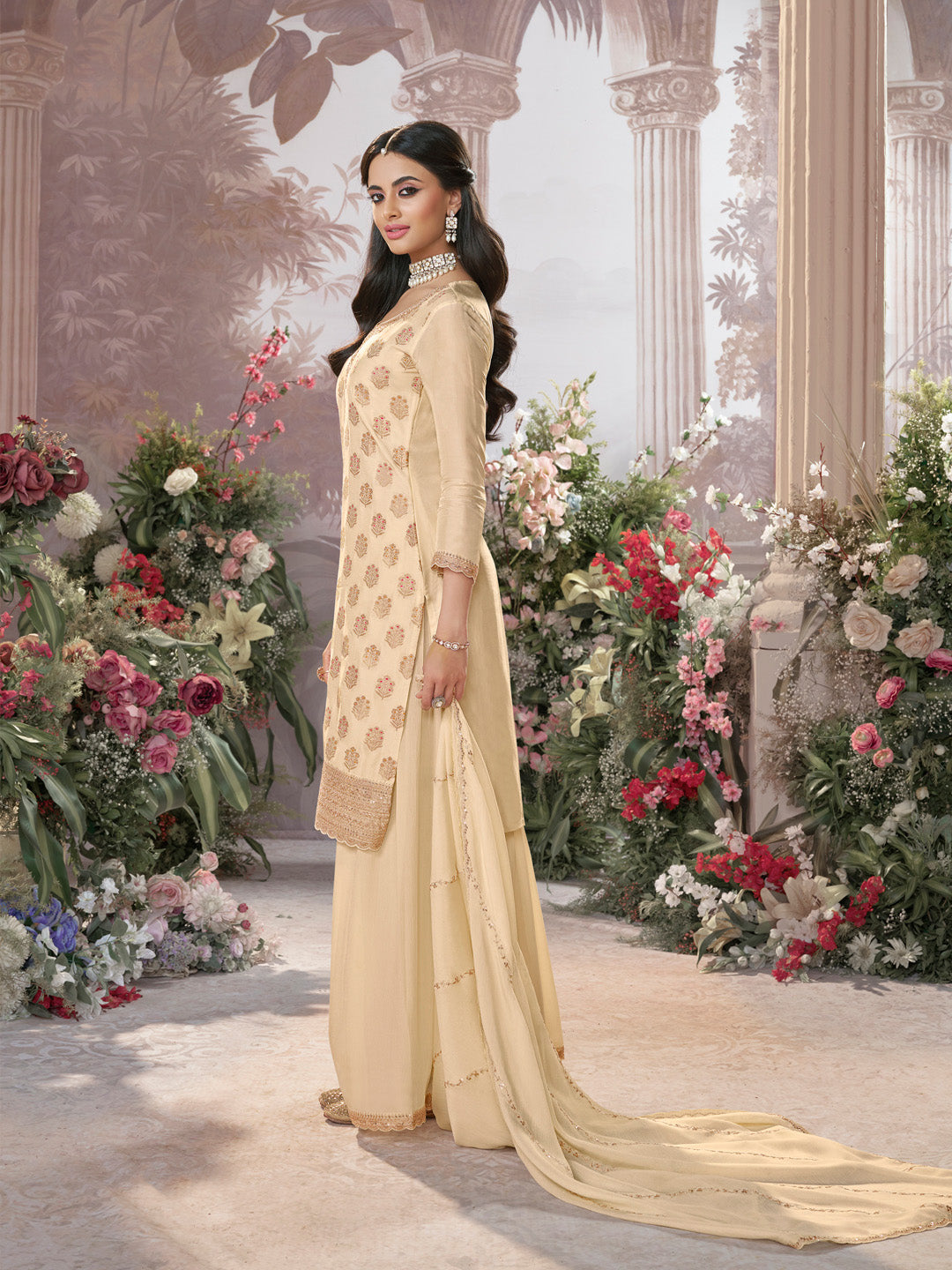 Off-White Dola Silk Meena Jacquard Kurta Set Paired With Embroidered Sharara Suit Set