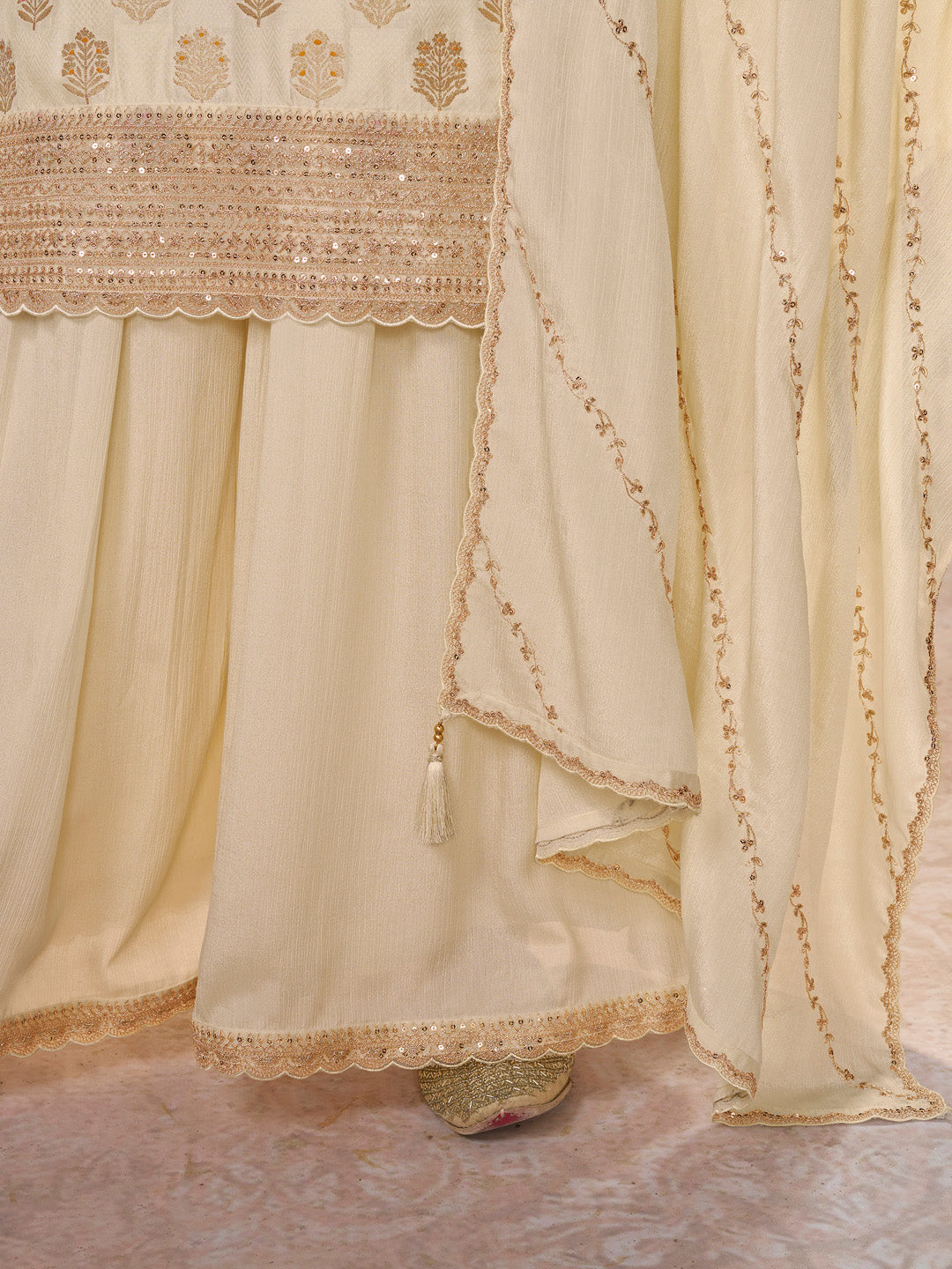 Off-White Dola Silk Meena Jacquard Kurta Set Paired With Embroidered Sharara Suit Set