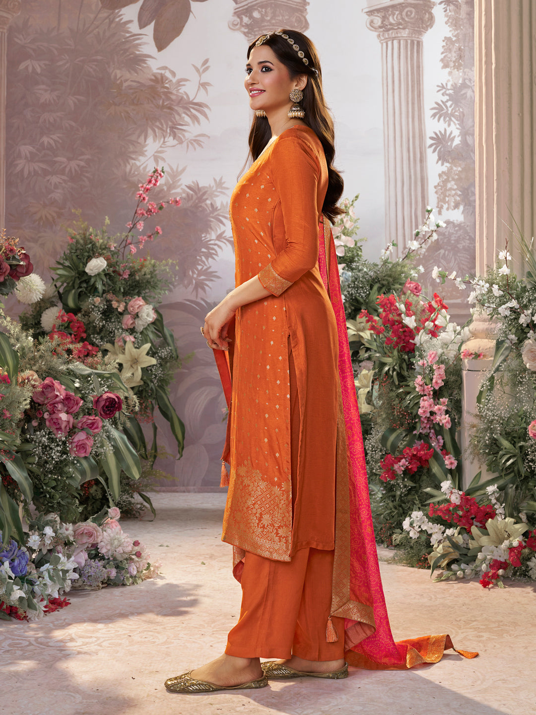 Orange Dola Silk Kurta Set with Jacquard Detailing and Intricate Embroidery, Paired with a Cherry Silk Dupatta