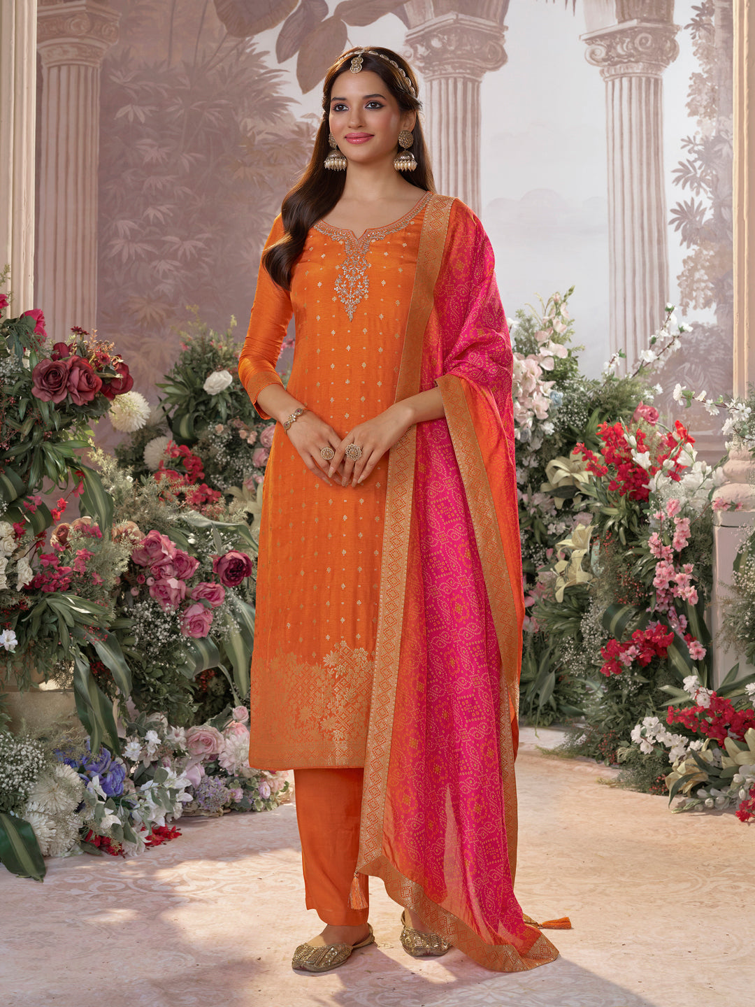 Orange Dola Silk Kurta Set with Jacquard Detailing and Intricate Embroidery, Paired with a Cherry Silk Dupatta