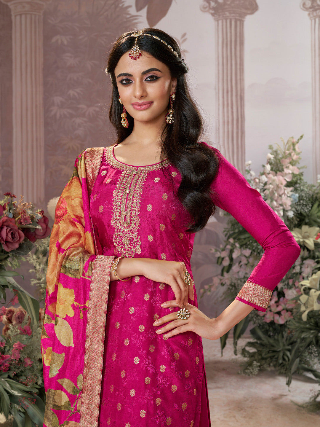 Pink Dola Silk Jacquard & Embroidery Sharara Set with Digital Print Dola Silk Dupatta - qivii