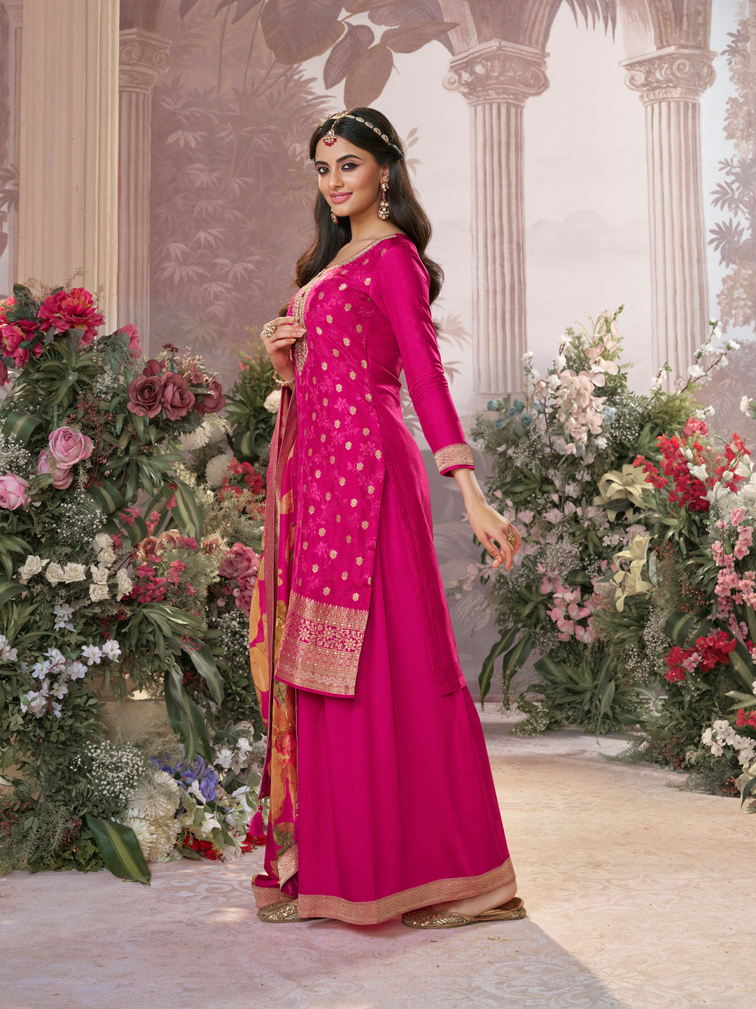 Pink Dola Silk Jacquard & Embroidery Sharara Set with Digital Print Dola Silk Dupatta - qivii