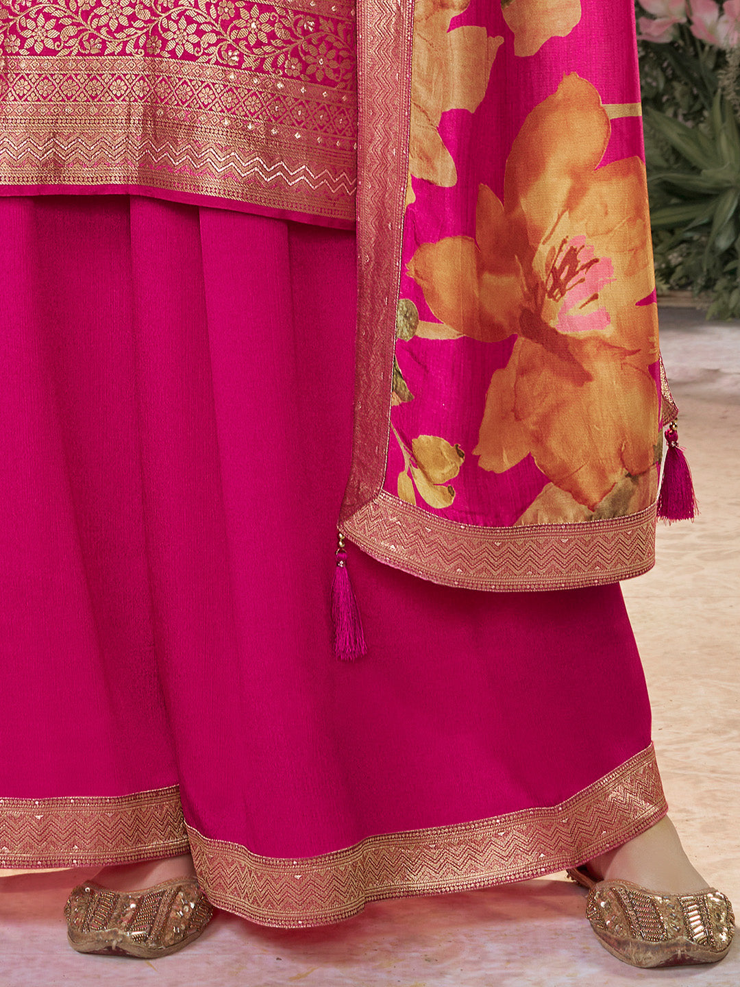 Pink Dola Silk Jacquard & Embroidery Sharara Set with Digital Print Dola Silk Dupatta - qivii