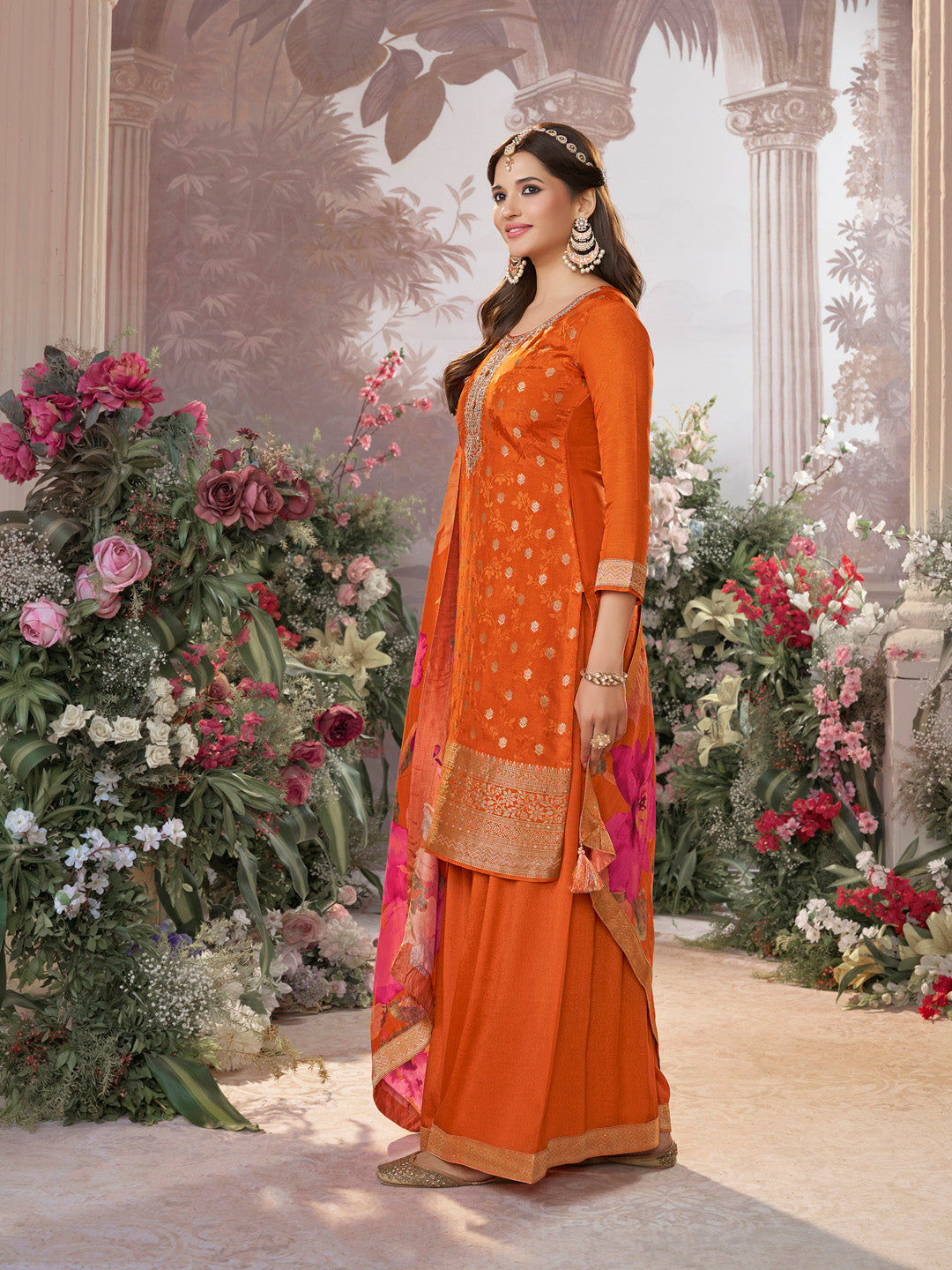 Orange Dola Silk Jacquard & Embroidery Sharara Set with Digital Print Dola Silk Dupatta - qivii
