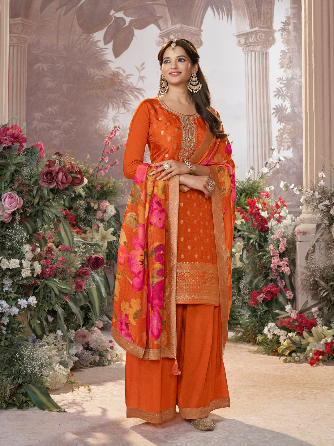 Orange Dola Silk Jacquard & Embroidery Sharara Set with Digital Print Dola Silk Dupatta - qivii