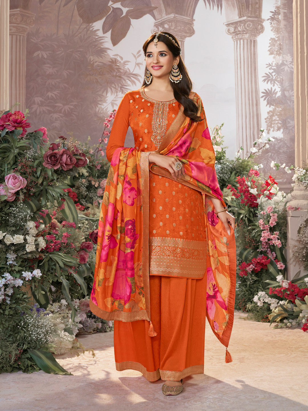 Orange Dola Silk Jacquard & Embroidery Sharara Set with Digital Print Dola Silk Dupatta - qivii