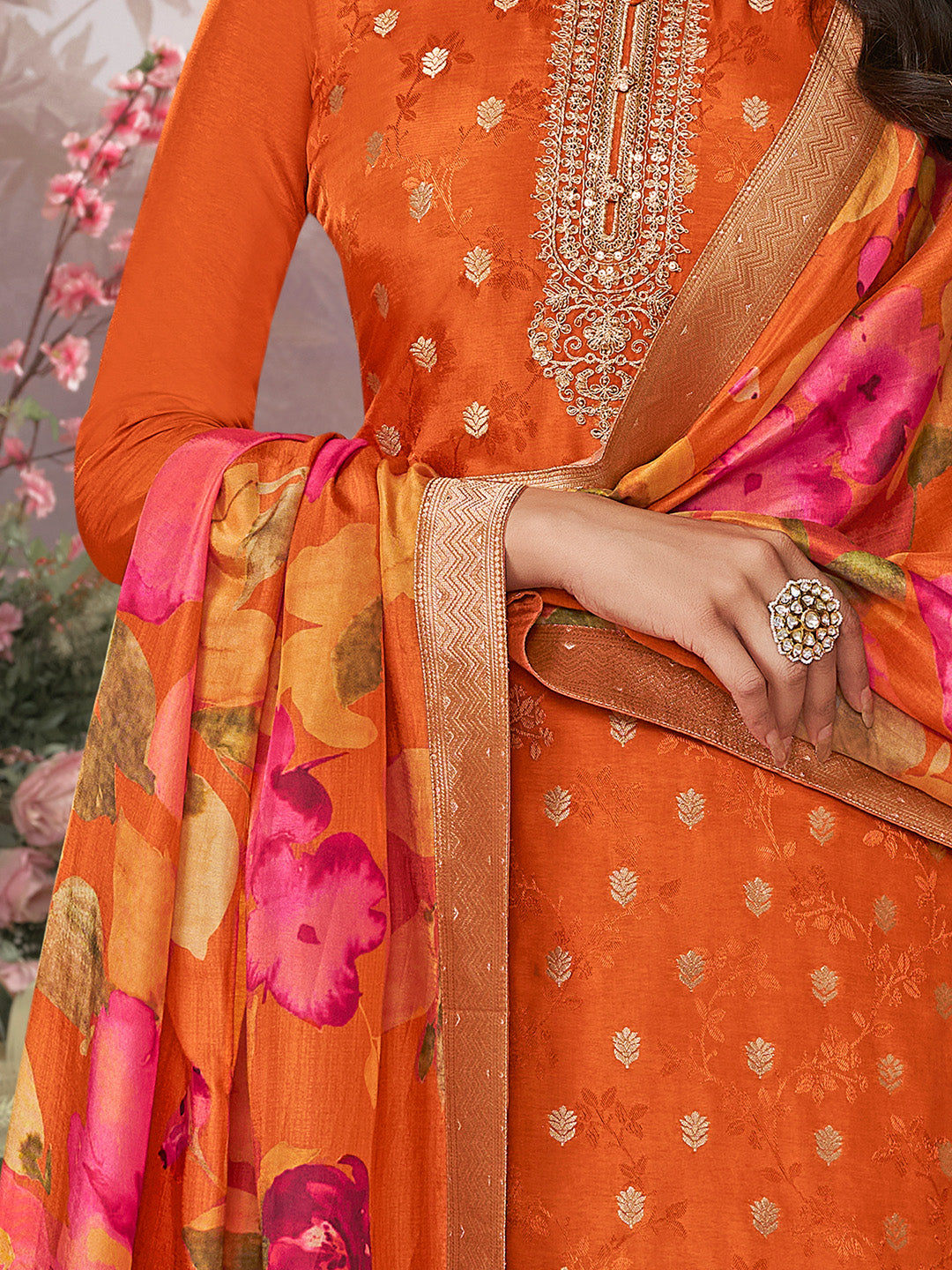 Orange Dola Silk Jacquard & Embroidery Sharara Set with Digital Print Dola Silk Dupatta - qivii
