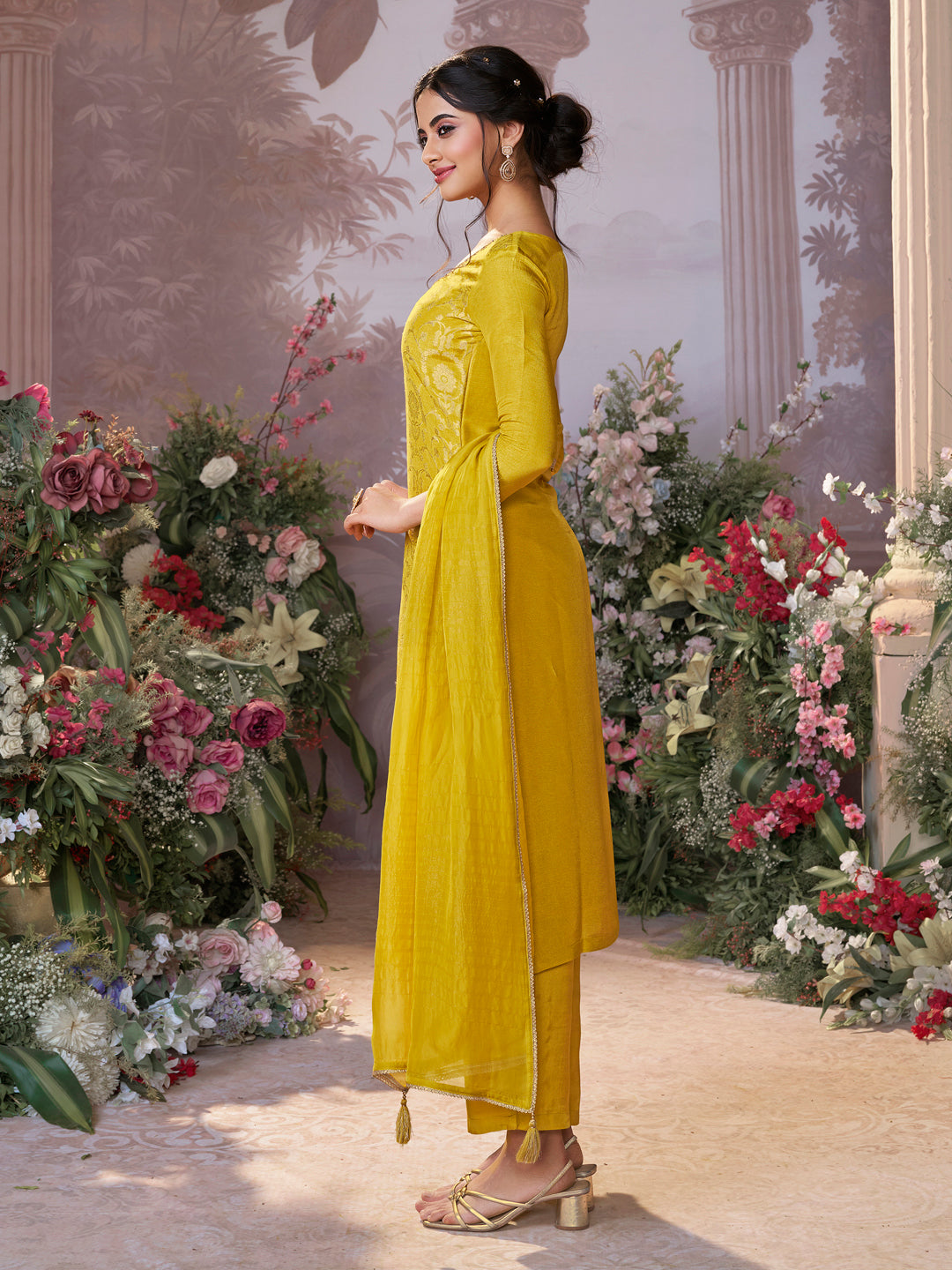 Yellow Chinon Kurta Set with Jacquard and Zari Work, Paired with an Organza Dupatta