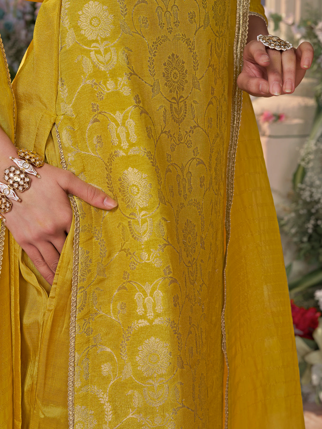 Yellow Chinon Kurta Set with Jacquard and Zari Work, Paired with an Organza Dupatta