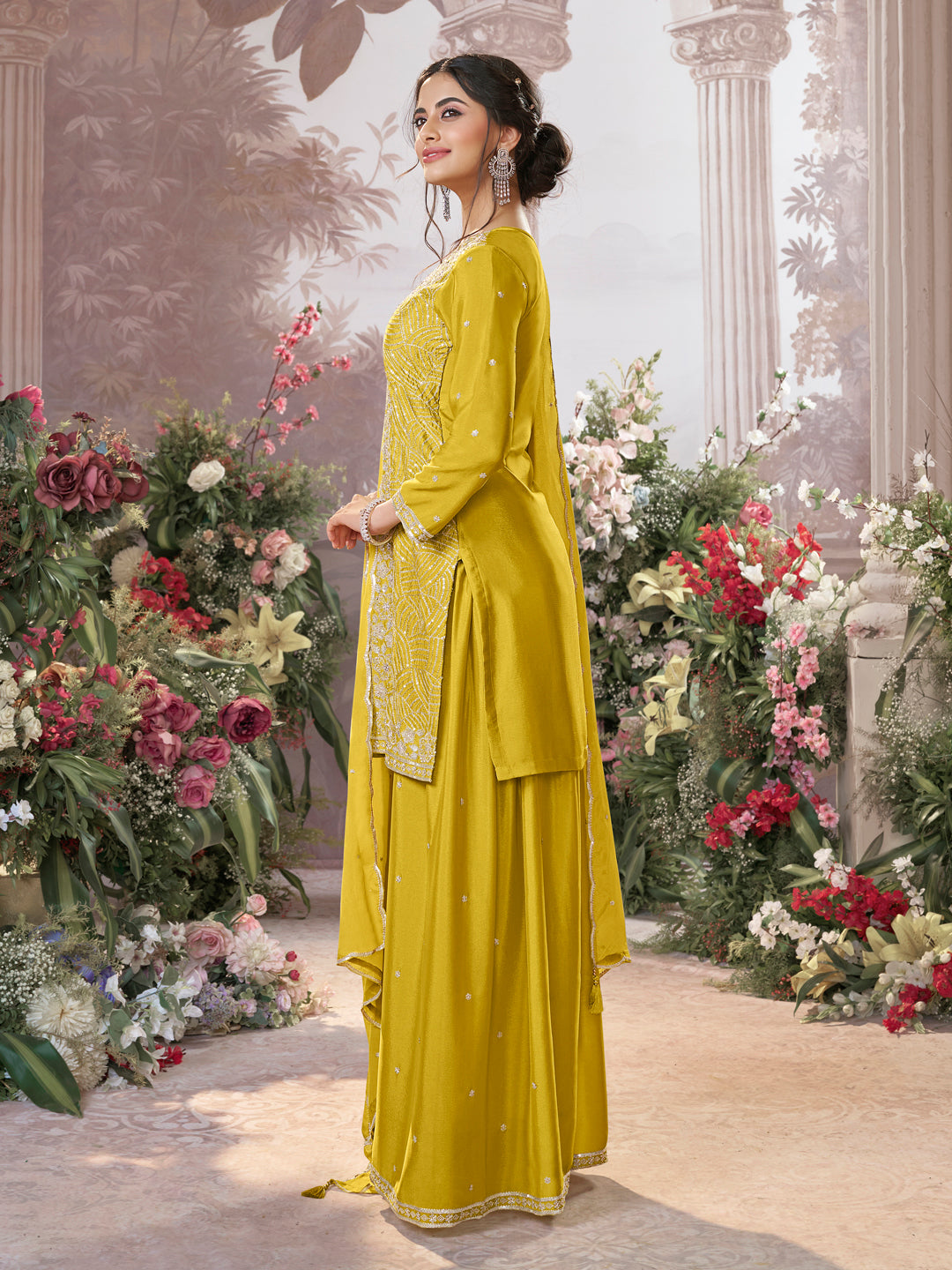 Yellow Chinon Embroidered Sharara Suit with Butti Work and Sequins Scalloped Border Dupatta - qivii