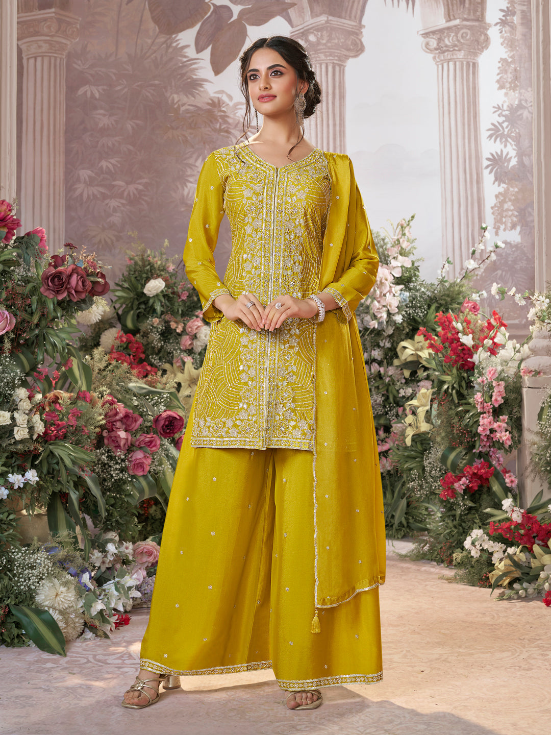 Yellow Chinon Embroidered Sharara Suit with Butti Work and Sequins Scalloped Border Dupatta - qivii