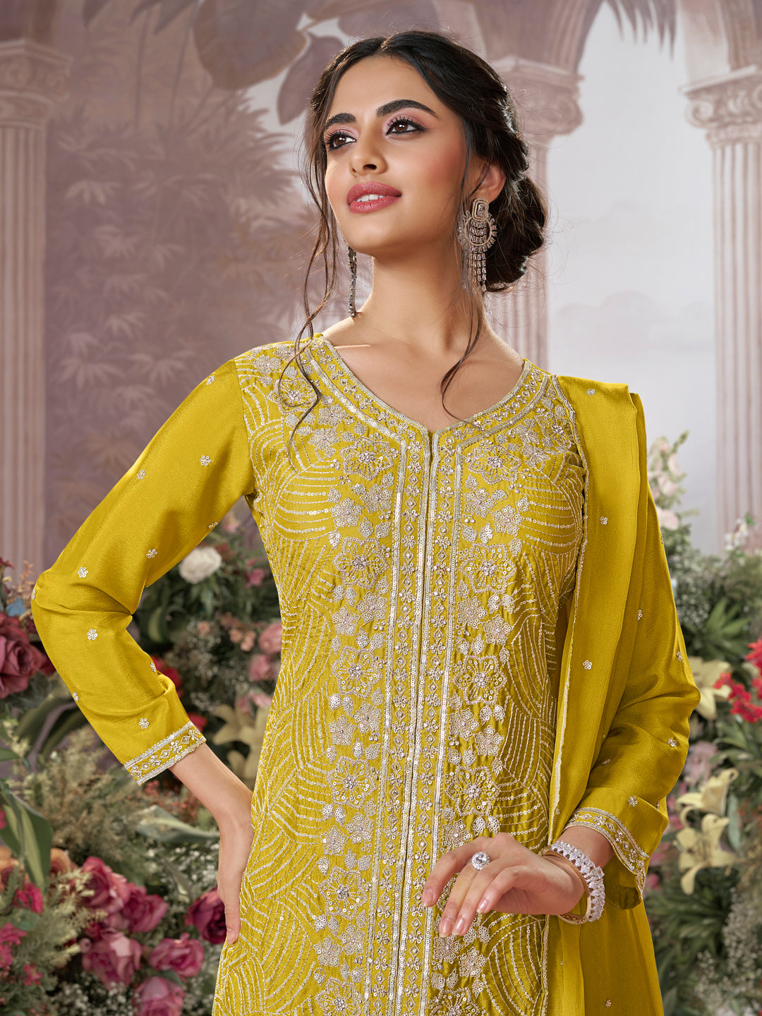 Yellow Chinon Embroidered Sharara Suit with Butti Work and Sequins Scalloped Border Dupatta - qivii