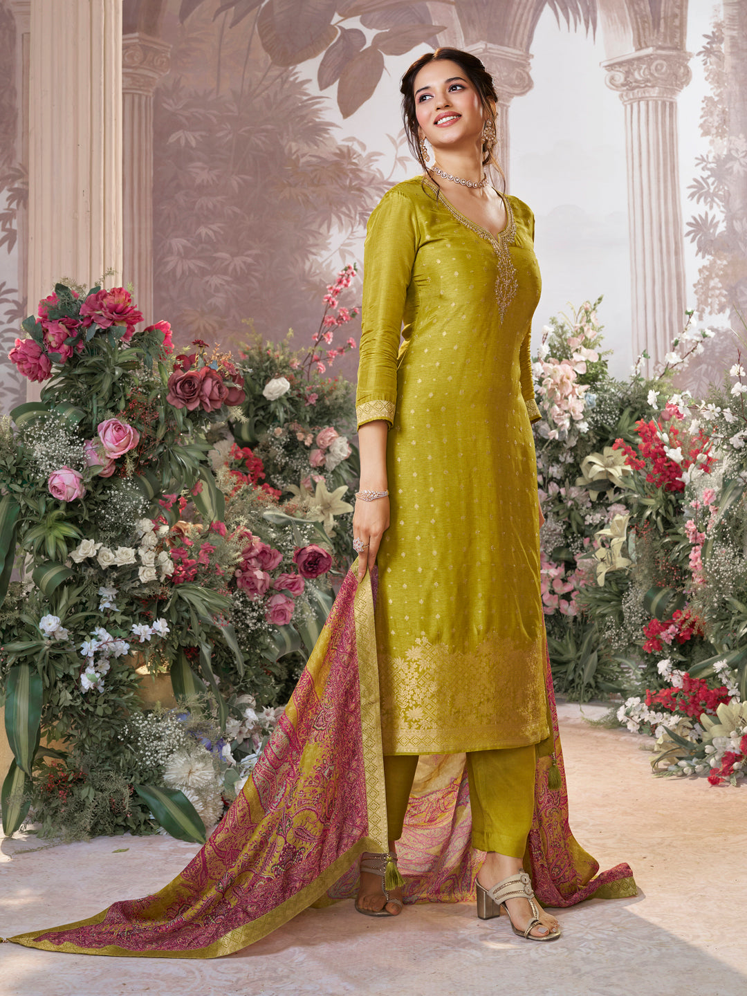 Yellow Dola Silk Kurta Set with Jacquard Detailing and Intricate Embroidery, Paired with a Cherry Silk Dupatta - qivii