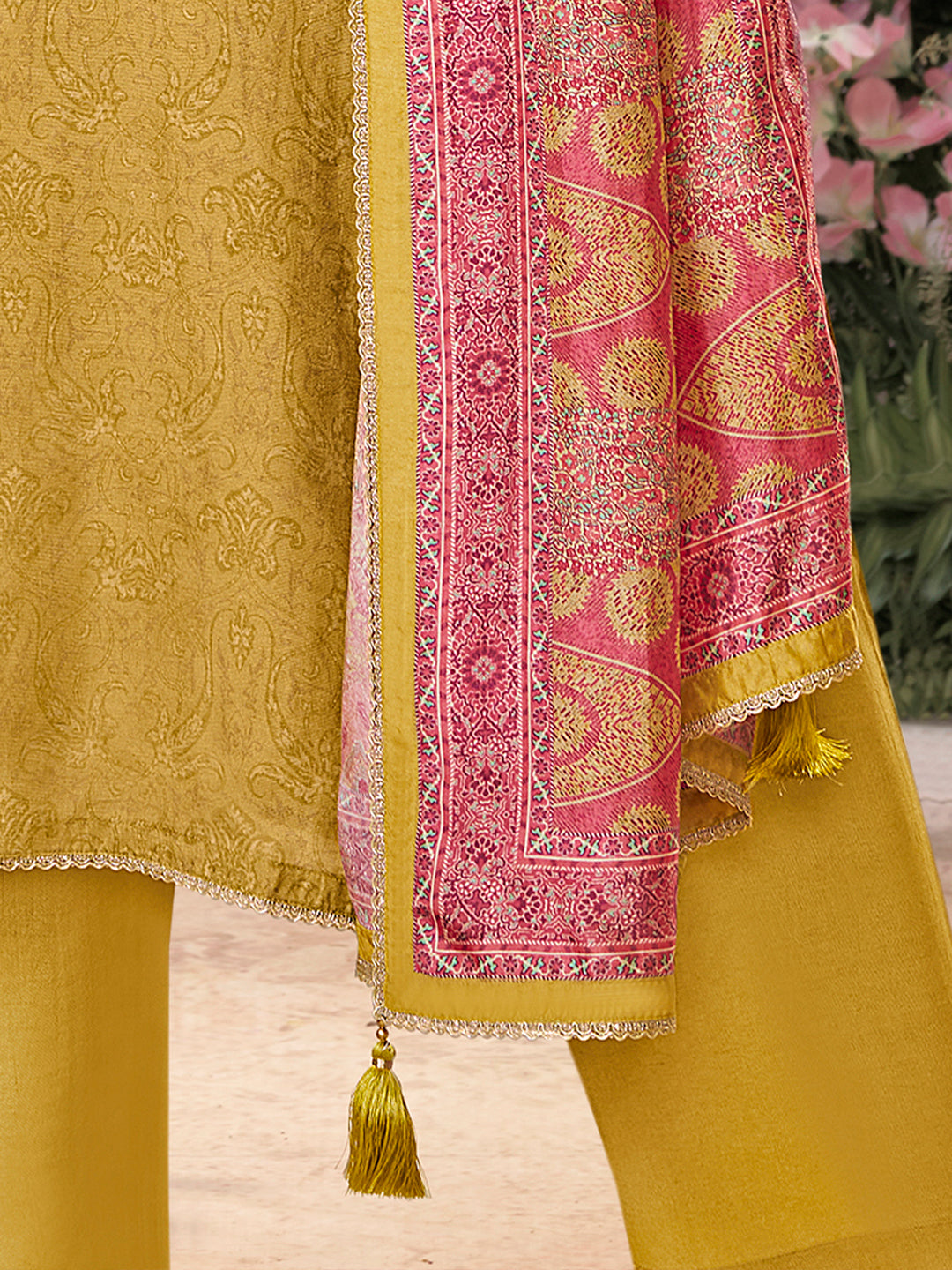 Yellow Russian Silk Kurta Set Paired With Russian Silk Digital Printed Contrast Dupatta - qivii