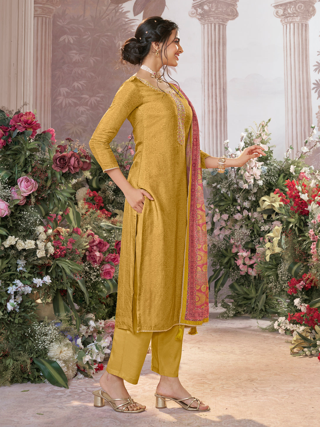 Yellow Russian Silk Kurta Set Paired With Russian Silk Digital Printed Contrast Dupatta - qivii