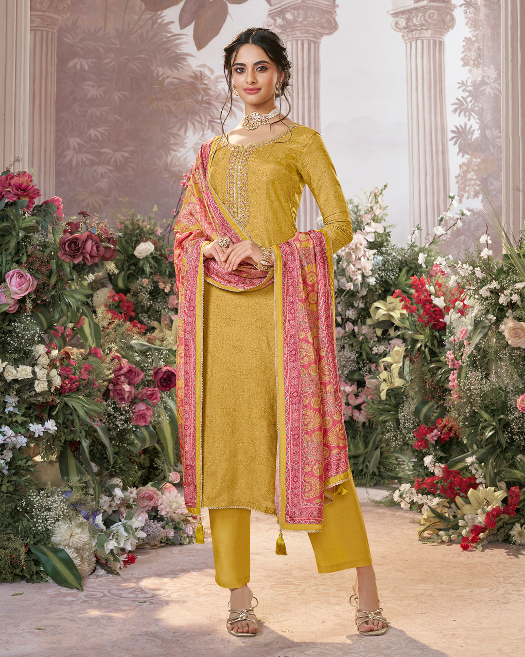 Yellow Russian Silk Kurta Set Paired With Russian Silk Digital Printed Contrast Dupatta - qivii
