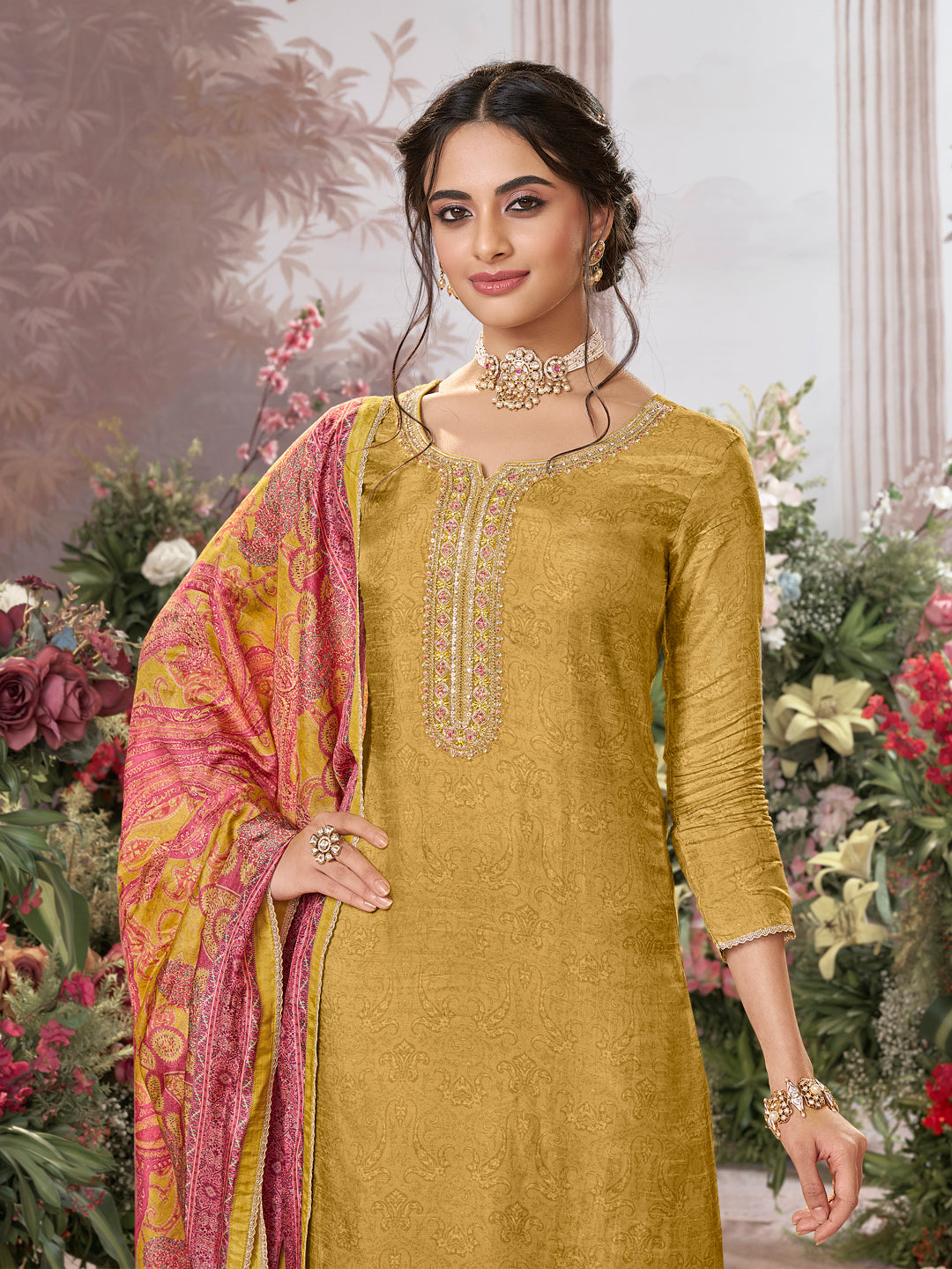 Yellow Russian Silk Kurta Set Paired With Russian Silk Digital Printed Contrast Dupatta - qivii