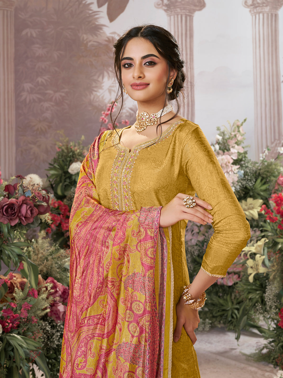 Yellow Russian Silk Kurta Set Paired With Russian Silk Digital Printed Contrast Dupatta - qivii
