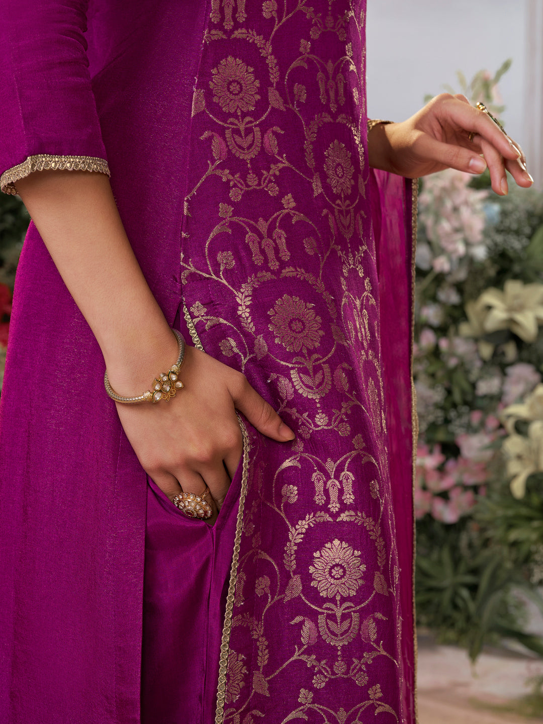 Pansy Purple Chinon Kurta Set with Jacquard and Zari Work, Paired with an Organza Dupatta