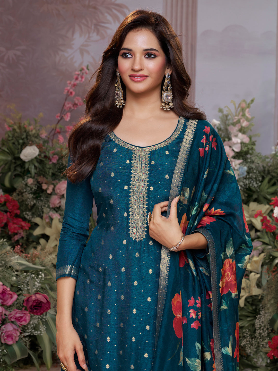 Blue Dola Silk Kurta Set with Jacquard Work, Paired with a Dola Silk Digital Printed Dupatta