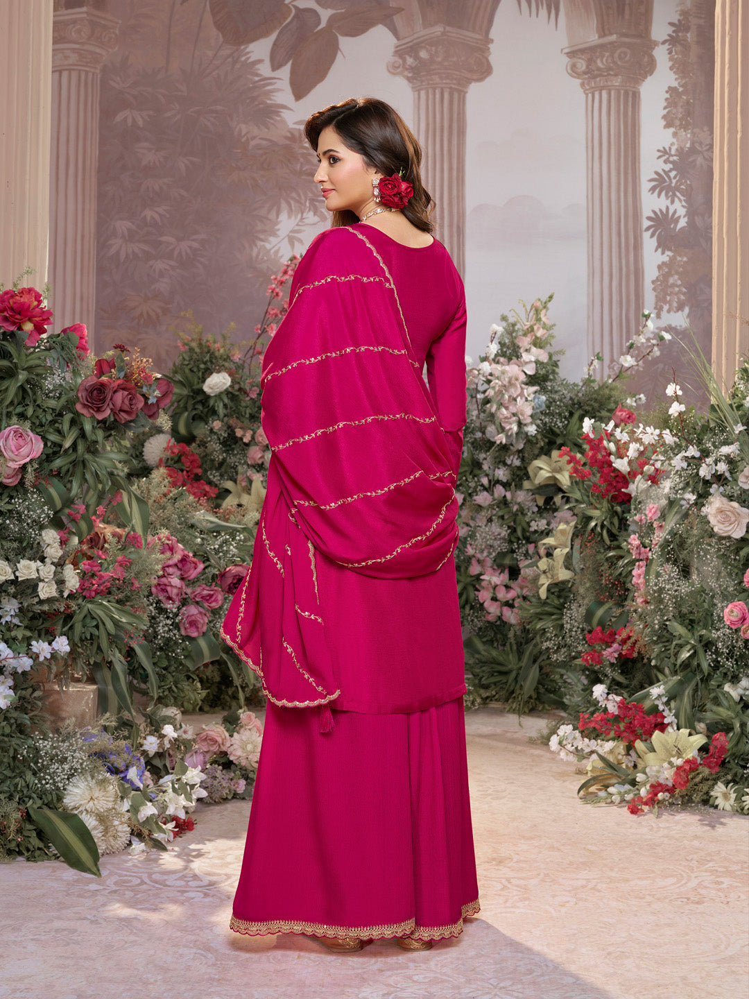 Pink Dola Silk Meena Jacquard Kurta Set Paired With Embroidered Sharara Suit Set - qivii