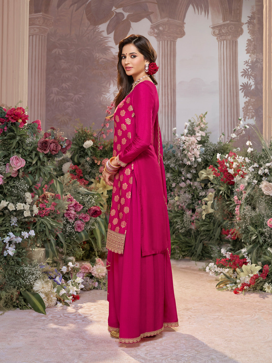 Pink Dola Silk Meena Jacquard Kurta Set Paired With Embroidered Sharara Suit Set - qivii