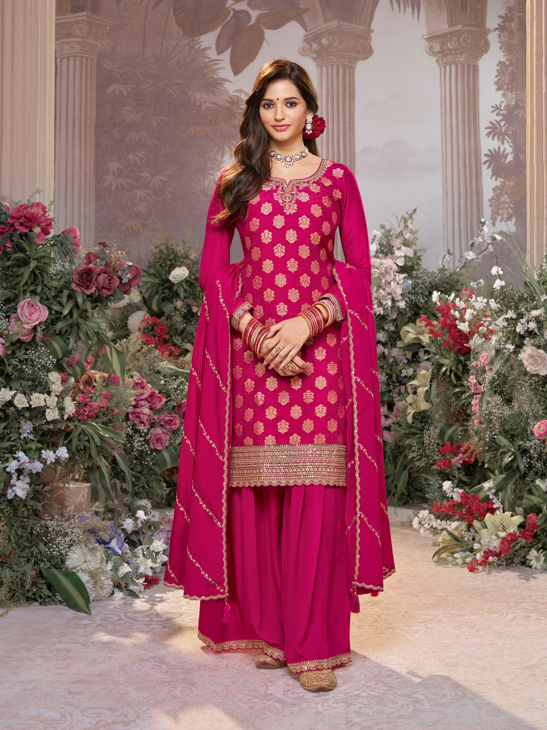 Pink Dola Silk Meena Jacquard Kurta Set Paired With Embroidered Sharara Suit Set - qivii