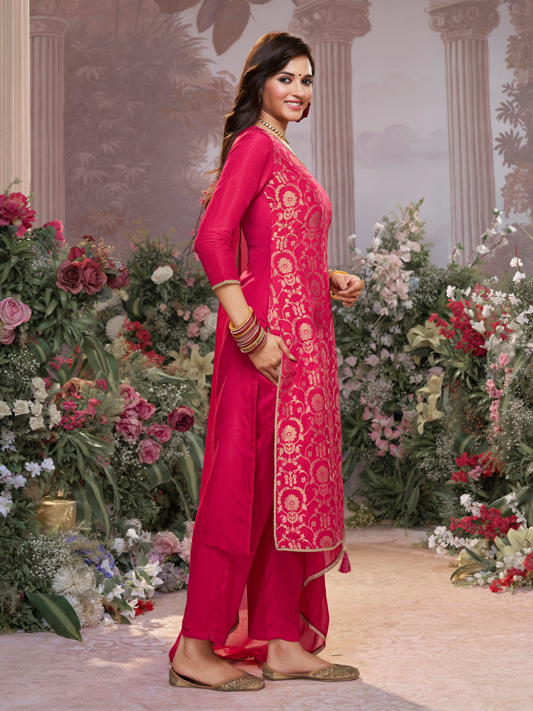 Red Chinon Kurta Set with Jacquard and Zari Work, Paired with an Organza Dupatta